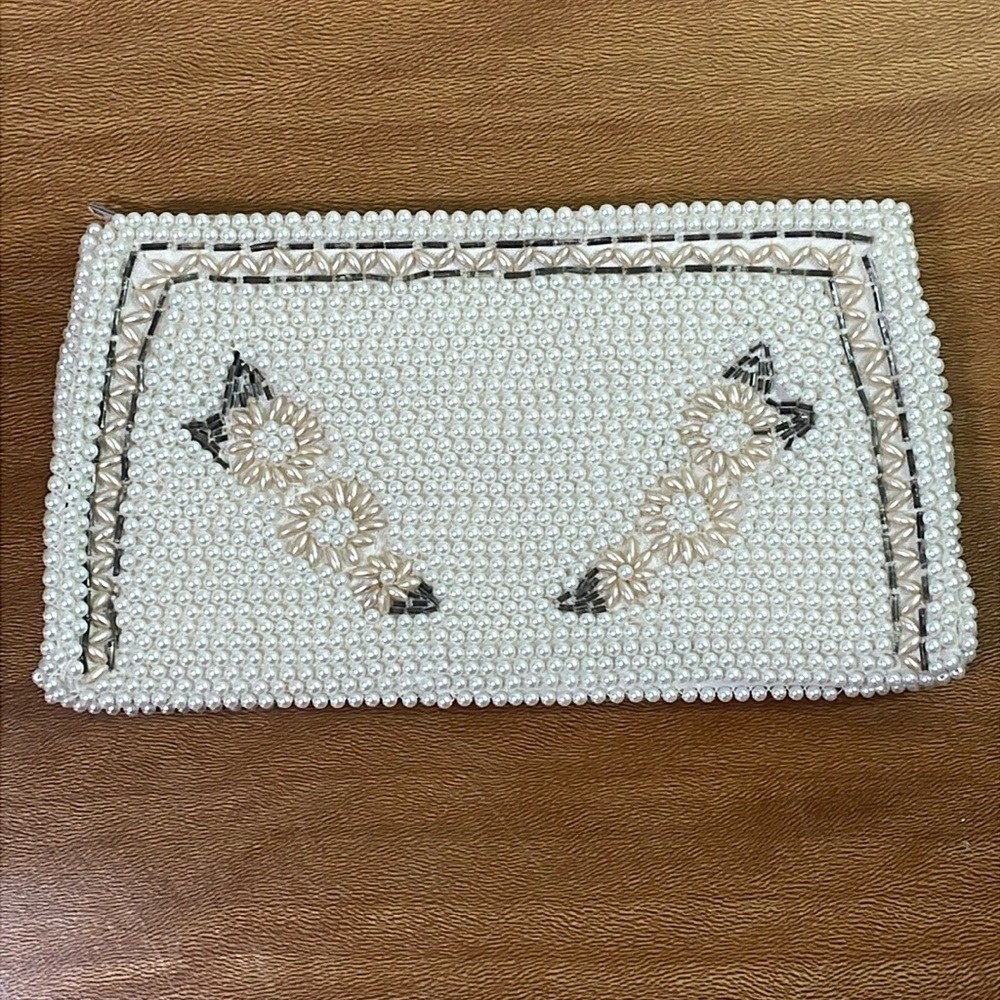 50โs 60โs HandBeaded Floral Small Evening Bag Clutch Japan Cream Gray Pale Peach